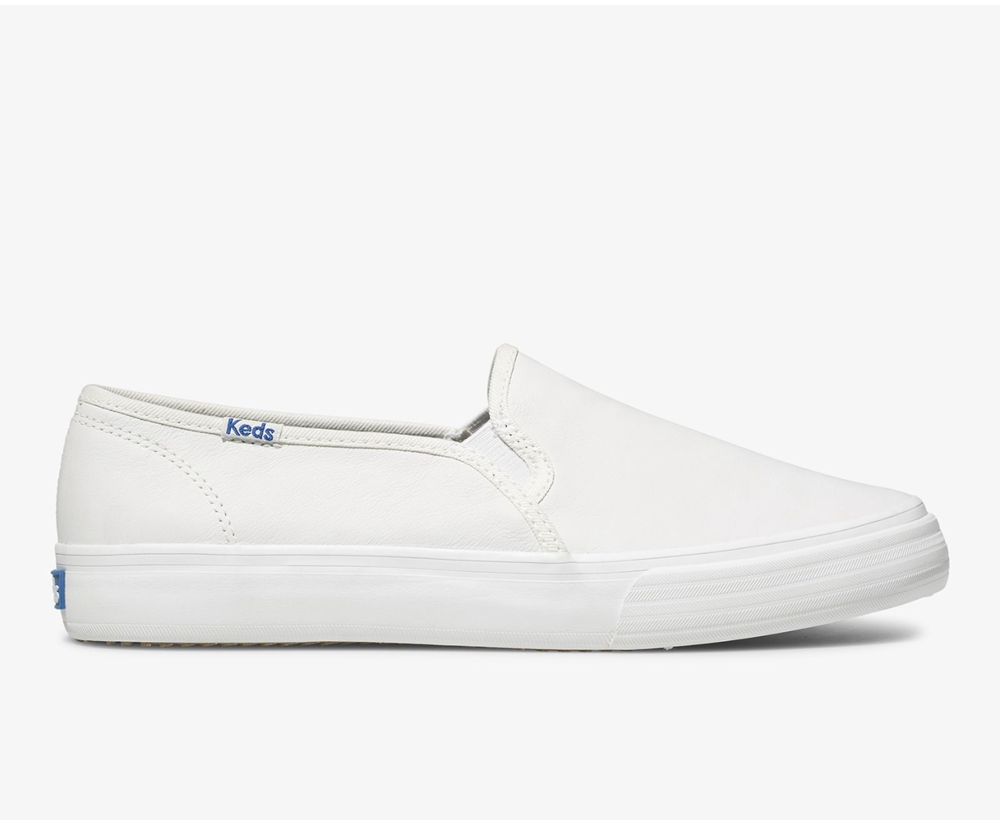 Slip On Γυναικεια - Keds Double Decker Δερματινα - Λευκα - RHVEF5789